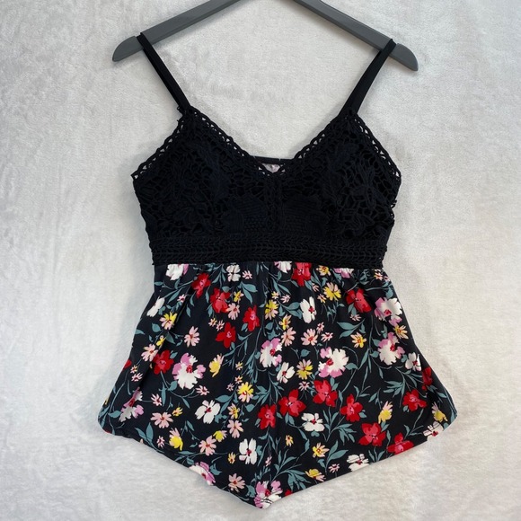No Boundaries Floral Cami Top‎ Lace Trim Sleeveless Babydoll Y2k Blouse Black M - Picture 1 of 8